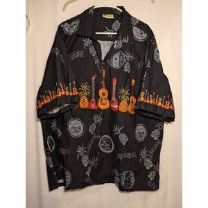 Vintage Winnie Fashion Hawaiian Shirt Men's 3XL Black Ukulele Guitar Pineapple